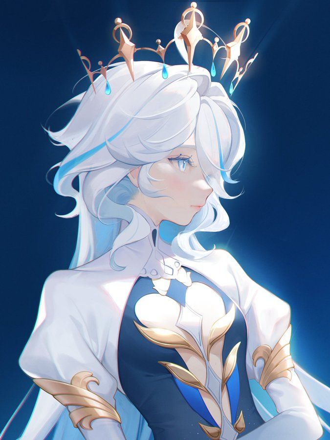 an anime character with white hair and blue eyes wearing a tiara, standing in front of a dark background