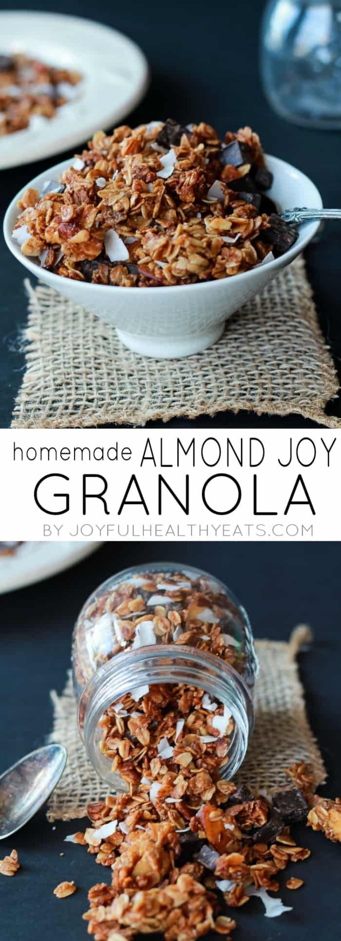 homemade almond joy granola in a glass bowl