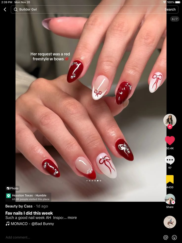 Red Minimalist Nails, Barbie Wallpaper, Almond Gel Nails, Bow Nails, Classy Acrylic, Bow Nail, Girly Acrylic, Nail Looks, Elegant Nail