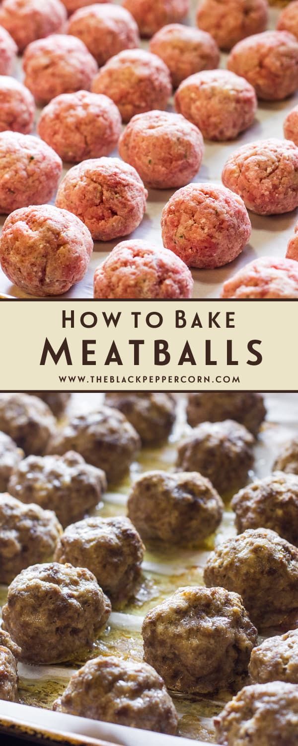 meatballs on a baking sheet with text overlay that reads how to bake meatballs