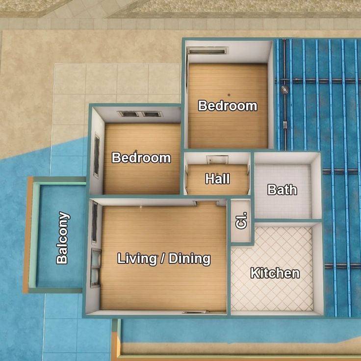 an overhead view of a floor plan for a house with swimming pool and living room