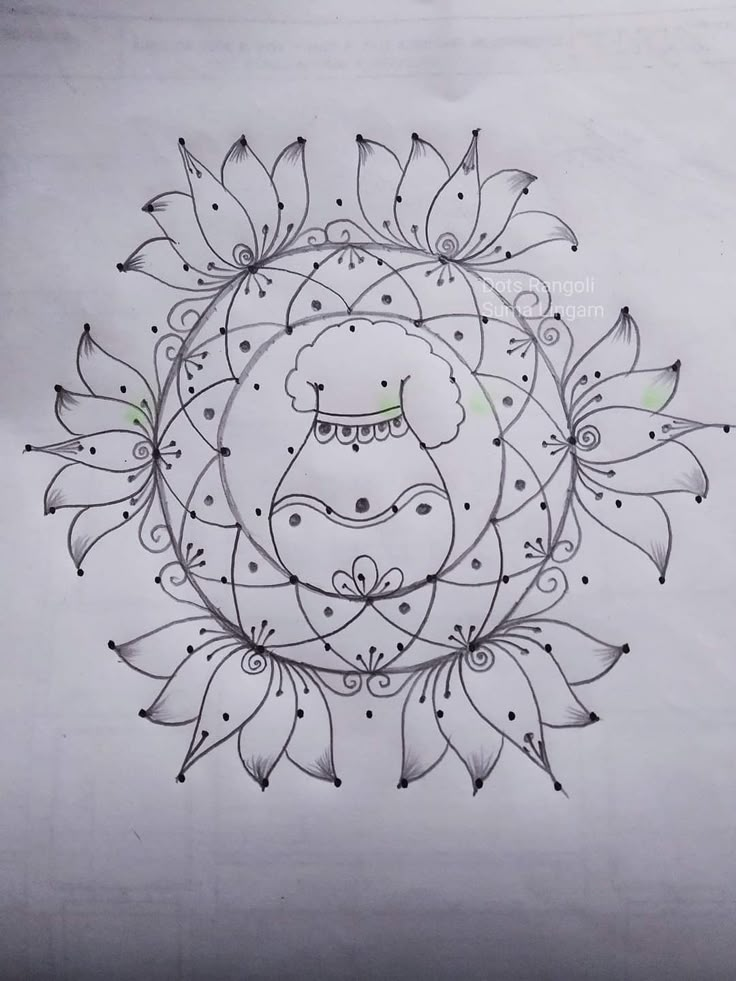 a drawing of a face in the middle of a circle with leaves and flowers around it