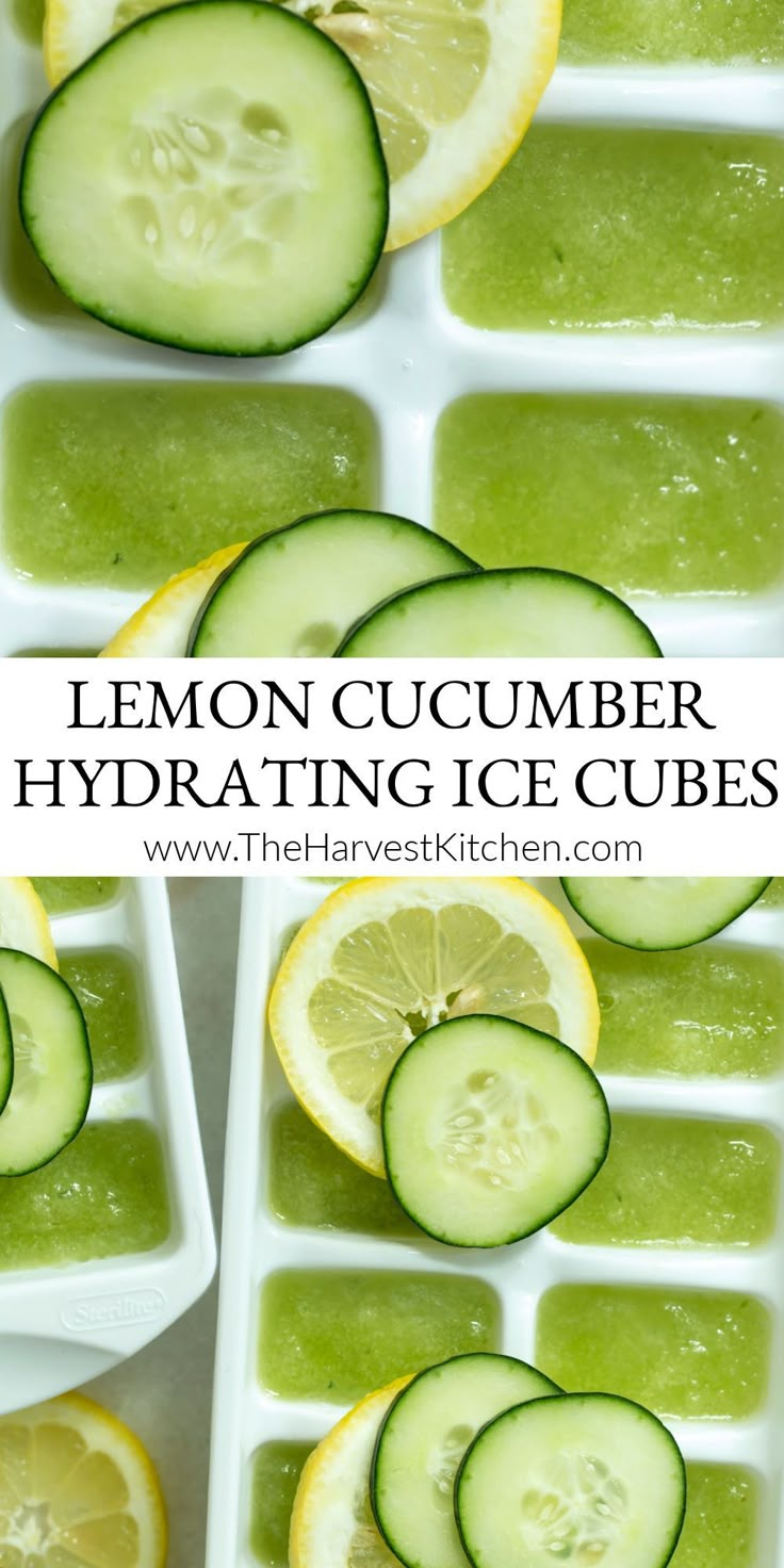 lemon cucumber hydrating ice cubes with lime slices in them and the text overlay reads, lemon cucumber hydra & hydrating ice cubes