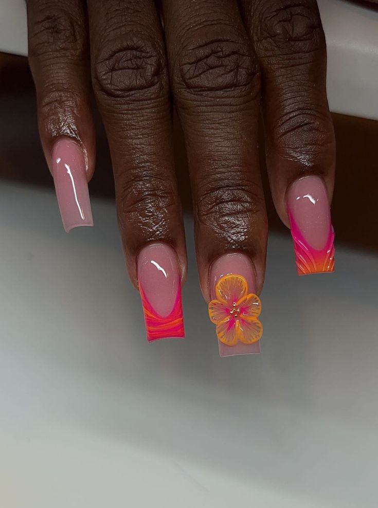 Orange Flowers On Nails, Vacation Manicure Short Nails, Vacation Square Nails, Vacation Nails Jamaica, Haiti Nails, Ombré Nail Ideas, Yellow Vacation Nails, Carribean Vacation Nails, Island Girl Nails