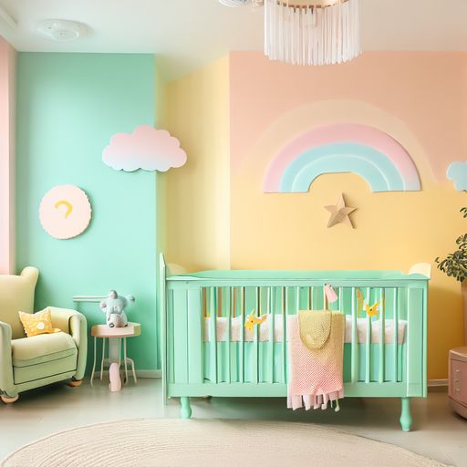 a baby's room with pastel walls and furniture, including a crib