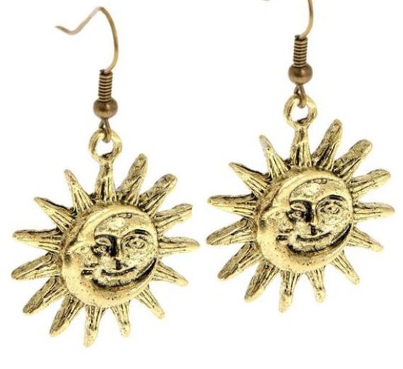 Sun and moon dangle gold celestial earring set Summer Alloy Earrings, Trendy Metal Jewelry With Moon Charm, Trendy Metal Moon Charm Jewelry, Gold Alloy Earrings For Summer, Summer Gold Alloy Earrings, Summer Jewelry With Sun And Moon Design, Sun And Moon Design Jewelry For Summer, Sun And Moon Design Jewelry As Summer Gift, Summer Gift Jewelry With Sun And Moon Design