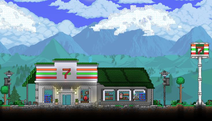 the pixel art shows a small store with mountains in the background and clouds above it