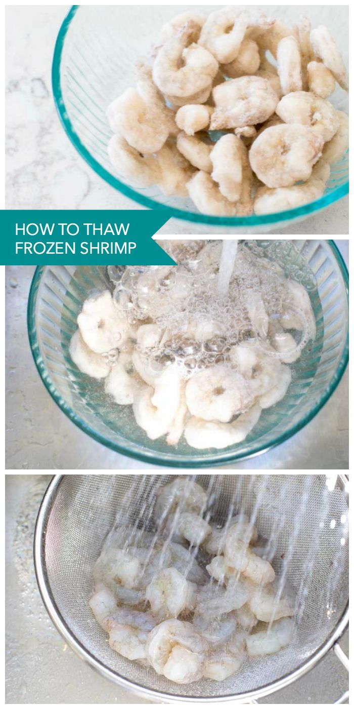 three pictures showing how to make frozen shrimp