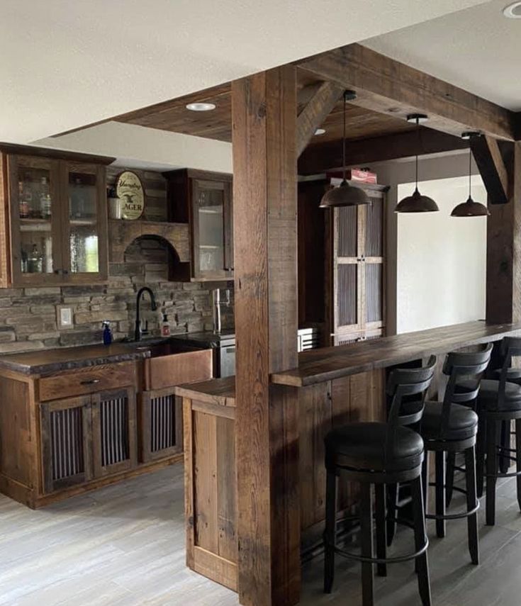 Cabinetry - Reclaim Renew Half Wall With Bar Top, Basement Bar Around Support Beam, Rustic Bar Room Ideas, Barnwood Basement Ideas, Kitchen That Looks Like A Bar, Rustic Kitchen Bar Ideas, Wood Bar Makeover, Bar Ideas For Shop, Basement Bar With Post