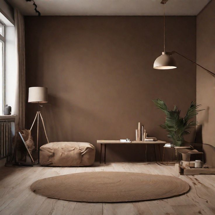 a living room with brown walls and wooden flooring, a round rug on the floor