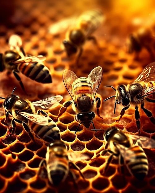 several bees are on the honeycombs and one is in the process of getting nectar