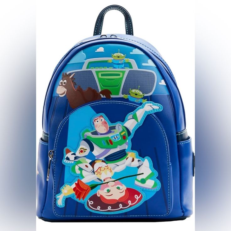 a blue toy story backpack with characters on it