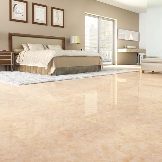 a bedroom with marble floors and beige walls