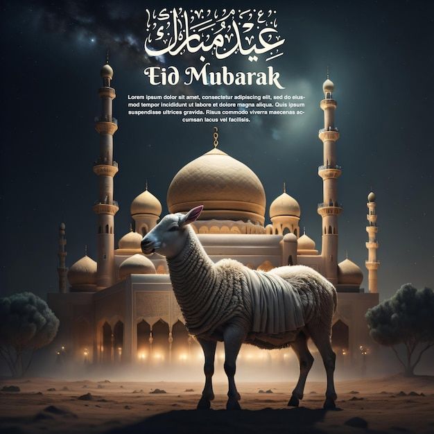 an eid mubarak greeting card with a sheep in front of a mosque