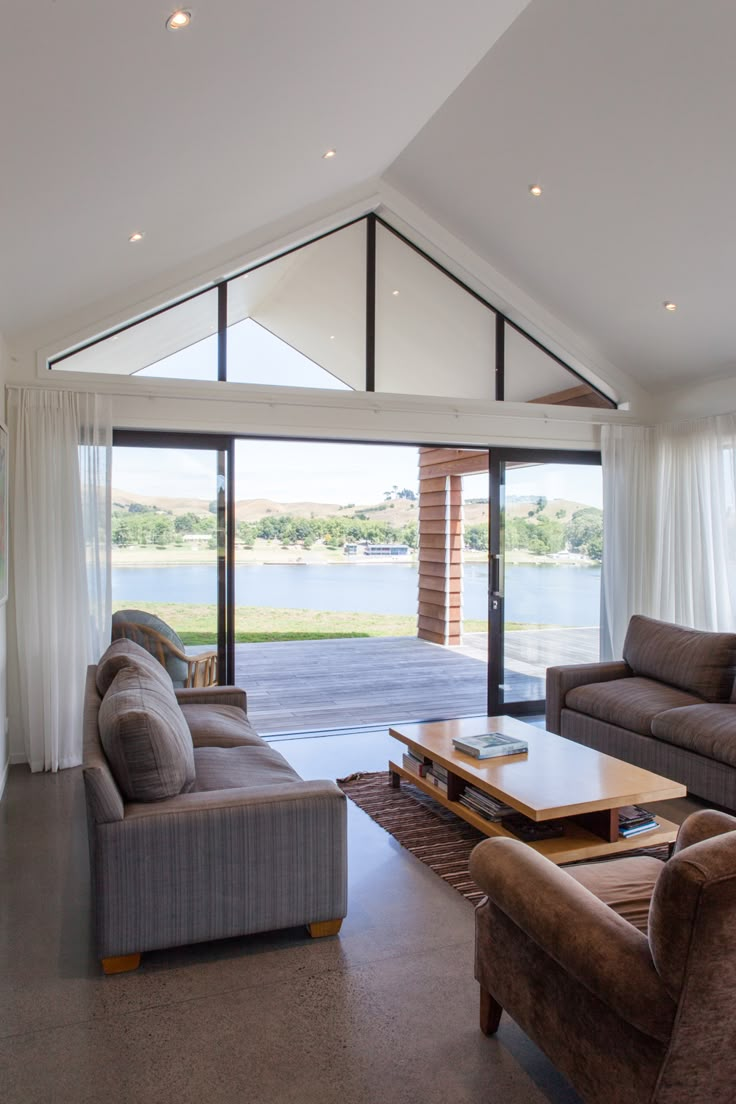 a living room with two couches and a coffee table in front of a sliding glass door