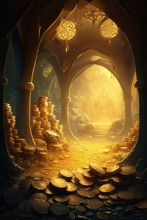 a bunch of gold coins sitting in front of a tunnel with a castle on it