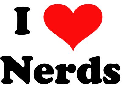 the words i love nerds are in black and pink with a heart on it