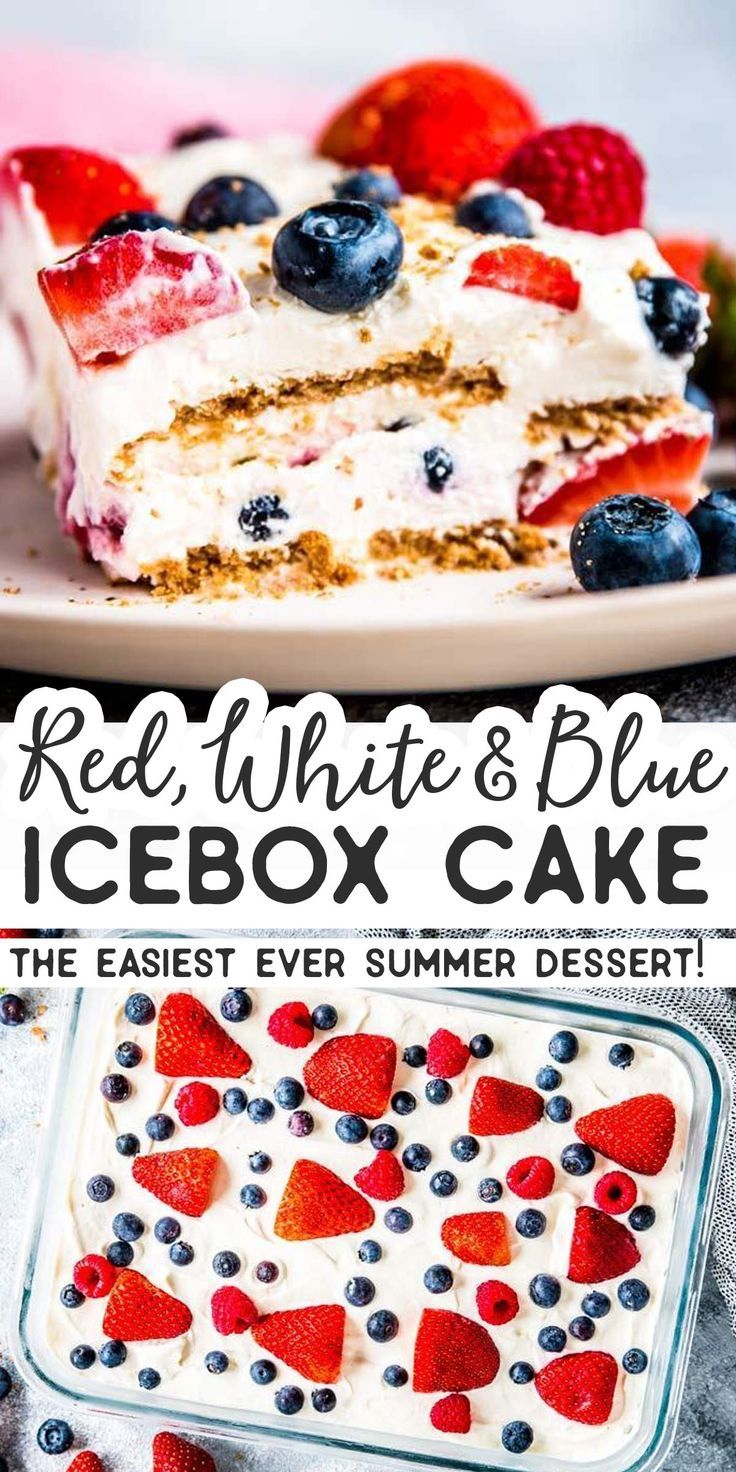 red, white and blue icebox cake on a plate with strawberries in the middle