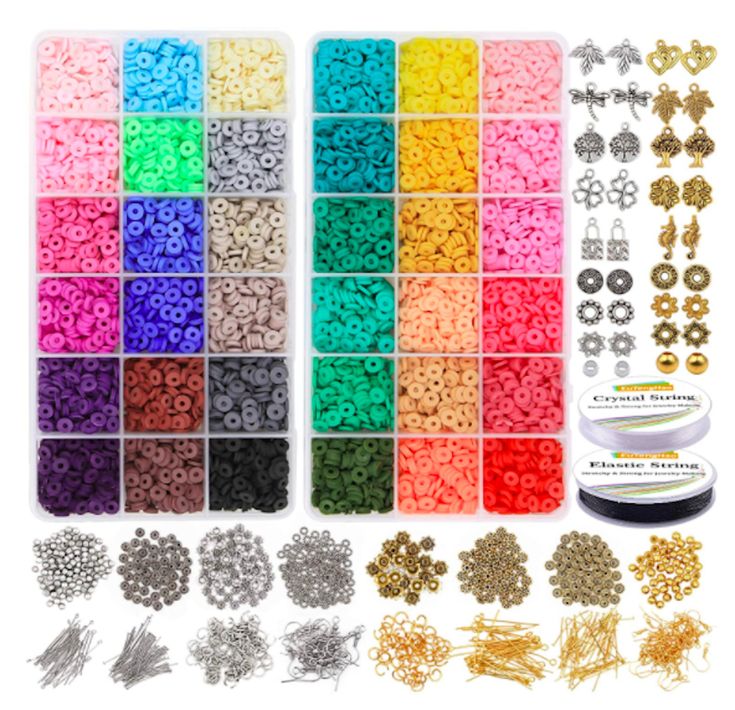 many different types of beads and chains in plastic storage boxes with various sizes, shapes and colors