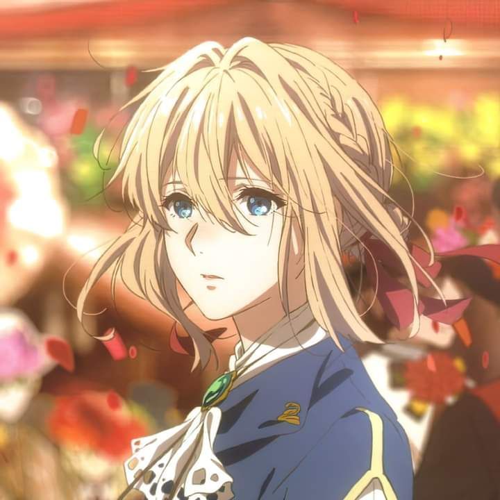 an anime character with blonde hair and blue eyes standing in front of a group of people