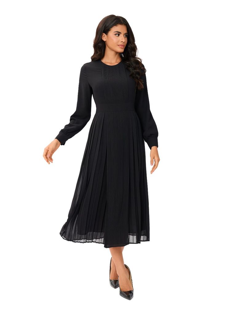 Unleash your inner fashionista with the "Ethereal Noir Midi Dress." Crafted with a flat front pleated design, this dress presents a unique blend of comfort and high-end fashion. Its full lining, excluding the sleeves, enhances its luxurious feel. Measuring 49.5 inches from the high point of the shoulder, it showcases detailed cuffs that add a chic touch to the classic noir. For an ideal fit, please refer to our body measurements guide. To maintain its premium quality, hand wash, line dry, cool i Elegant Flowy A-line Pleated Dress, Fall A-line Midi Dress With Pleated Sleeves, Accordion Pleated A-line Formal Dress, Formal A-line Midi Dress With Pleated Hem, Elegant Fall Midi Dress With Pleated Waist, Chic Long Pleated Dress For Formal Events, Chic Long Pleated Dress For Formal Occasions, A-line Office Dress With Pleated Hem, Office A-line Dress With Pleated Hem