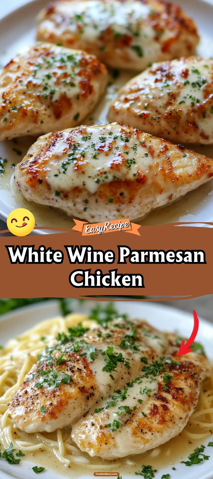 white wine parmesan chicken on a plate with pasta