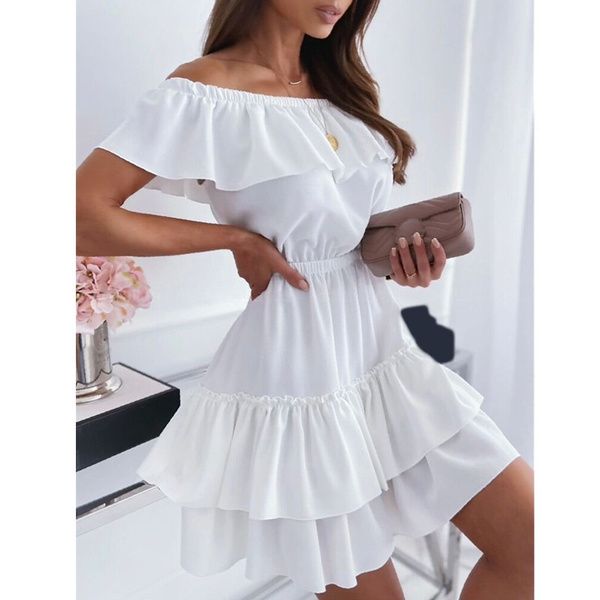 Slash Neck Elegant Dresses for Women Ruffles Decor Patchwok Summer Party Dress Vestidos Ladies Dresses Beach Holiday Dresses, Shoulder Ruffle Dress, Dress Cake, Boho Mini Dress, Holiday Beach, Ruffled Dress, Elegant Dresses For Women, Mini Dresses For Women, Summer Party Dress