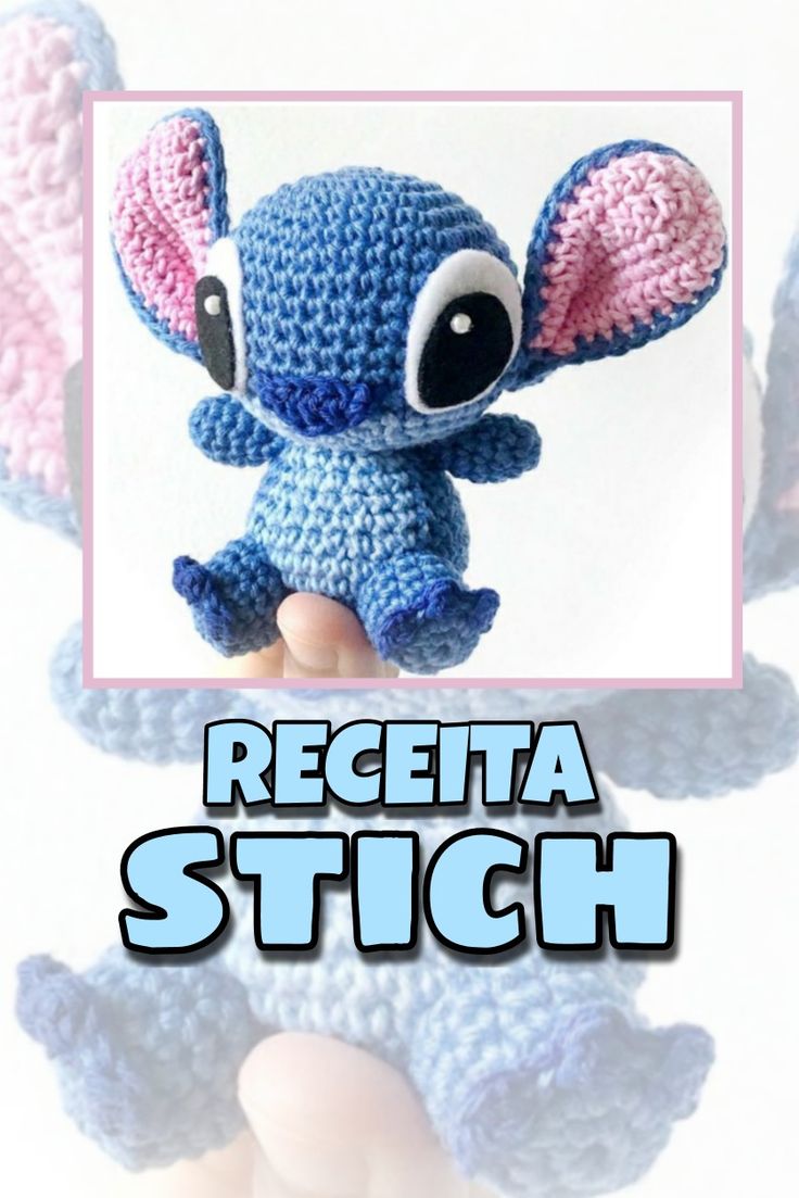 a crocheted blue and pink stuffed animal with the words receita stitch on it