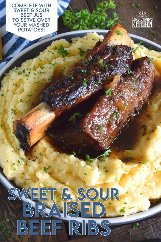 a plate with mashed potatoes and meat on it that says sweet & sour braised beef ribs