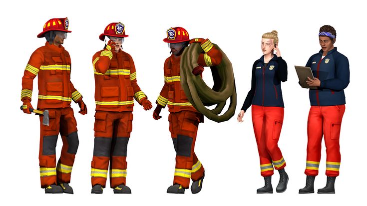 three firemen are standing next to each other in different poses, one is holding a hose