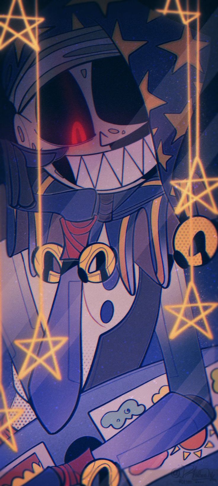 a cartoon character with an evil look on his face and mouth, surrounded by stars