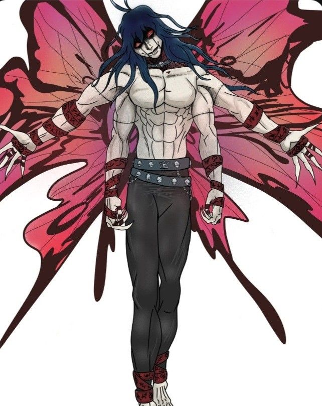 a man with blue hair standing in front of a butterfly shaped body and wings on his chest