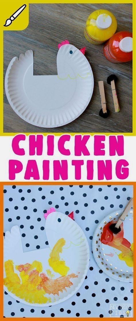 paper plate chicken painting with paintbrushes on the table and in front of it