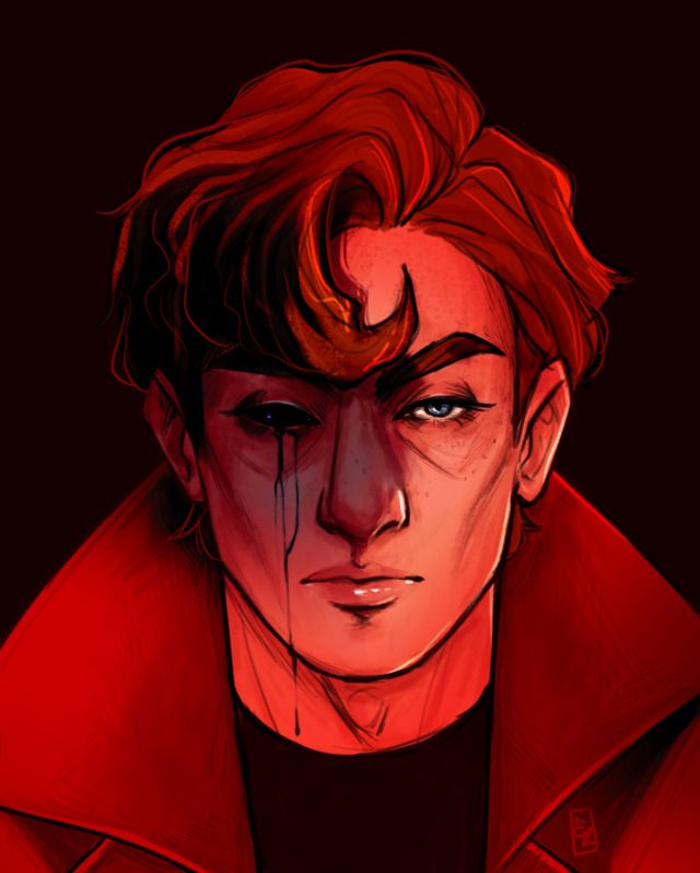 a drawing of a man with red hair and blood dripping from his eyes, wearing a red jacket