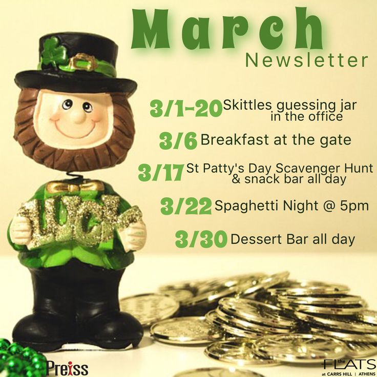 a st patrick's day flyer with a leprechaun figurine