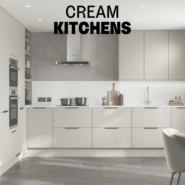 an image of a kitchen setting with the words cream kitchens above it in black and white