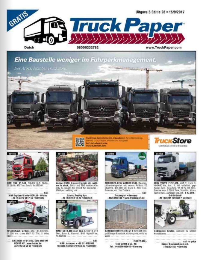 the front page of truck paper showing trucks in different colors and sizes, including black