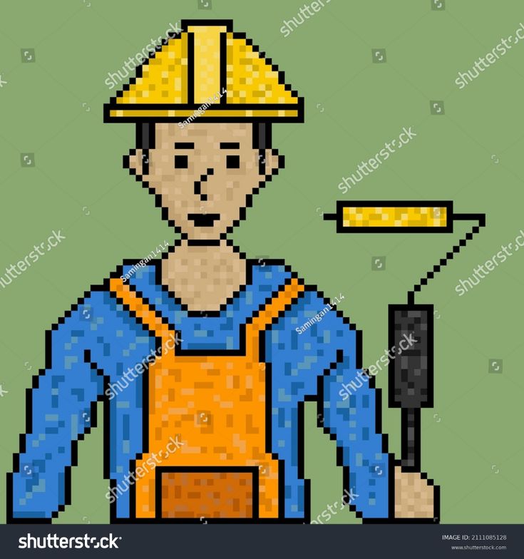 pixel art man with an orange hat and blue shirt holding a hammer in his hand