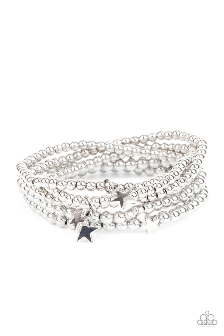 Infused with dainty silver star beads and shiny silver star charms, strands of silver beaded stretchy bands stack across the wrist, creating a patriotic shimmer. Sold as one individual bracelet. Silver Jewelry Stars, Casual Silver Star Jewelry, Cute Silver Star Jewelry, Silver Star Bracelets For Gifts, Star Things, Star Bracelets, Silver Star Bracelet, Silver Outfits, Star Silver