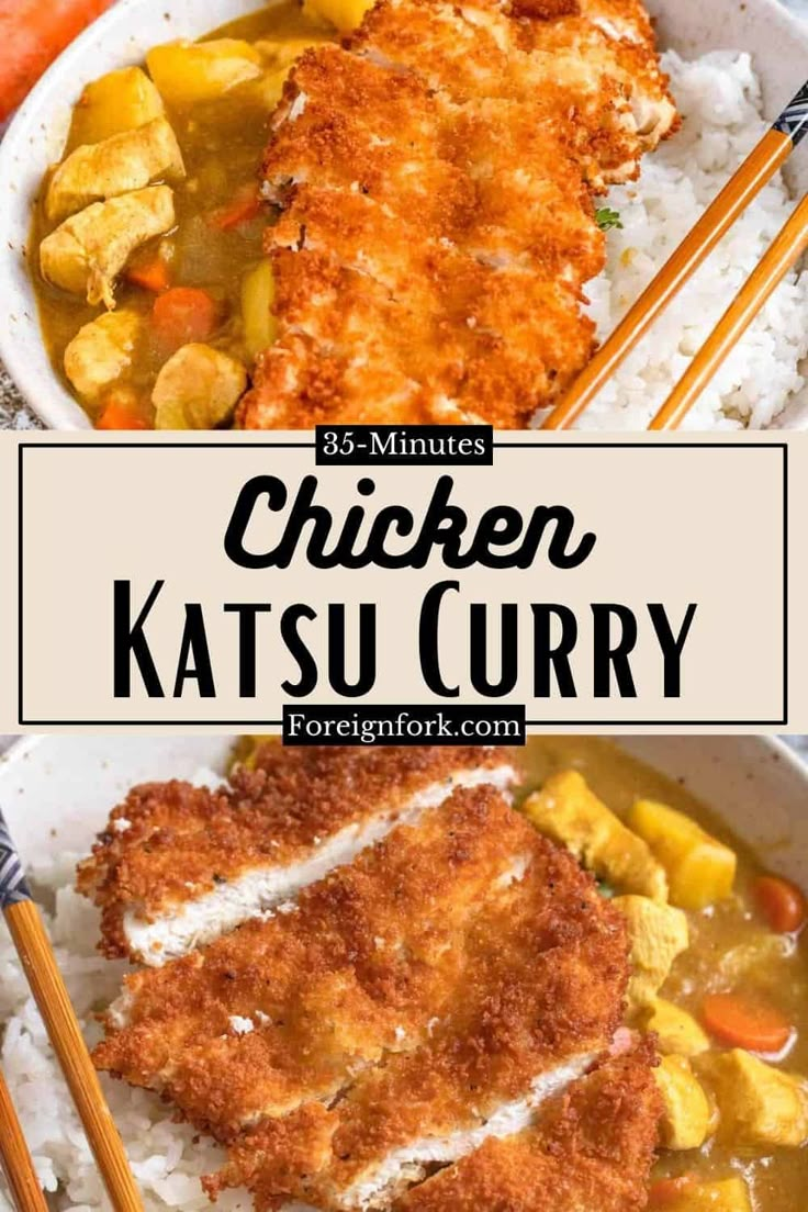 chicken katsu curry in a bowl with chopsticks and rice on the side