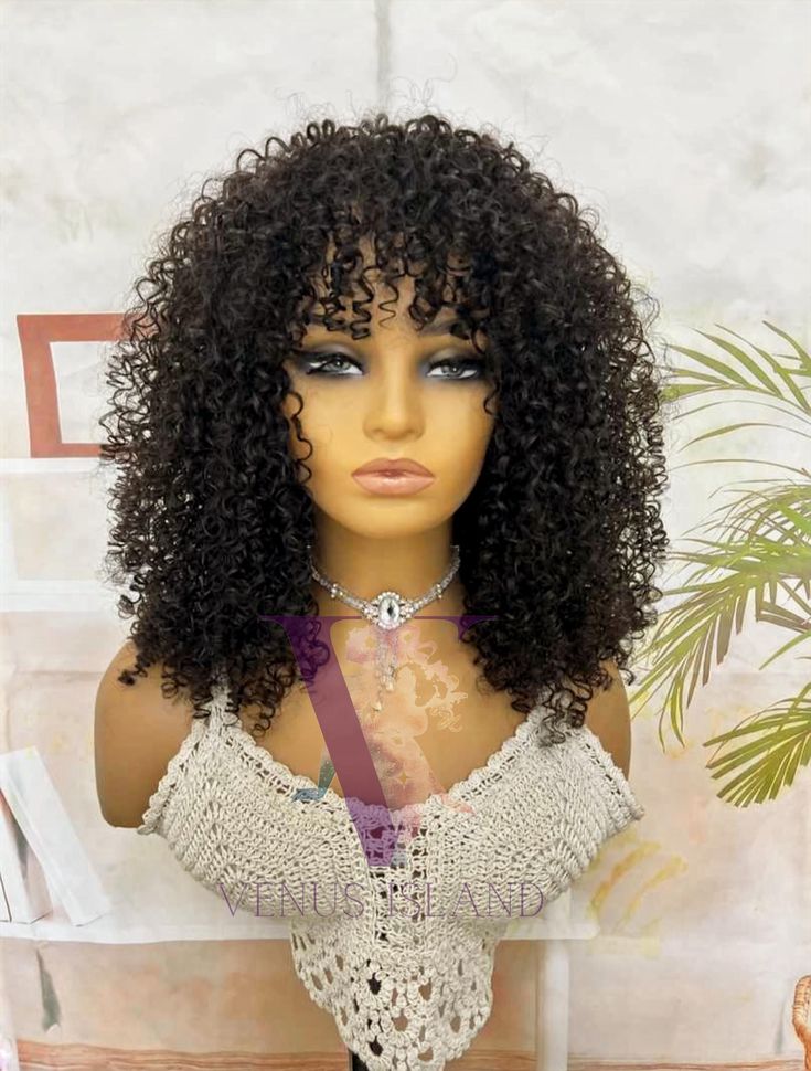 Introducing our super curly wig with bangs. The picture displays a length of 18" or 45 cm (when stretched). Made from 100% virgin human hair.  This wig is not only high quality, but also incredibly natural-looking and easy to style. The cap will be enhanced with a "fake scalp" (lace part in the middle) for a seemless and more natural look. Product Specifications: Brand:  Venus Island Texture:  Curly Density:  Available in 200 % or 180% (on picture wig has 200% hair density) Colour:  Natural Blac Black Hair Types, Picture Displays, Bang Wig, Curly Wig With Bangs, Curly Hair Types, Custom Wigs, Wig With Bangs, Amazing Hair, Curly Wig