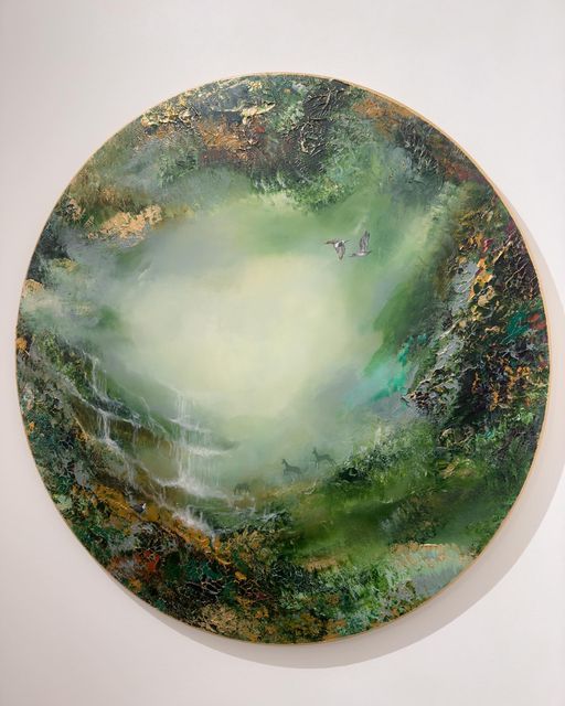 a painting on a white wall with green and yellow colors in the center, surrounded by trees