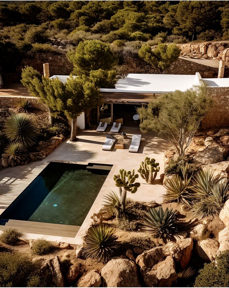 an aerial view of a pool surrounded by rocks and cactus trees in the foreground