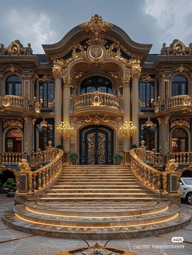 an elaborately decorated building with stairs and chandeliers on the front entrance to it