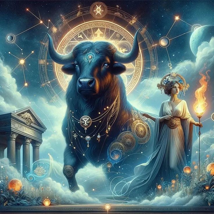 a woman standing next to a bull on top of a cloud filled sky with stars