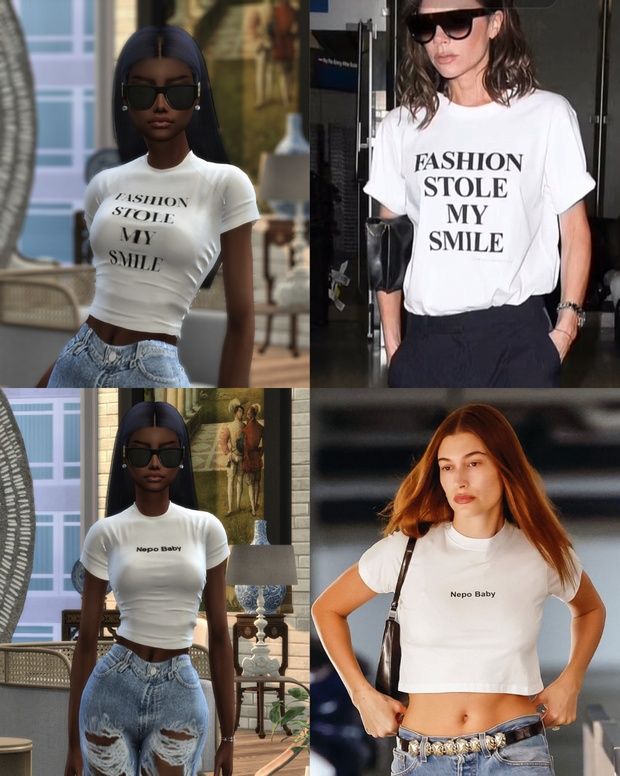 four different pictures of models wearing t - shirts