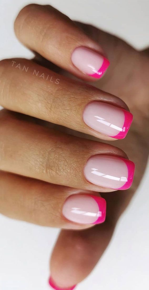 Pretty French Manicure With Colour Line Ideas 1 - Fab Mood | Wedding Colours, Wedding Themes, Wedding colour palettes French Nail With Color Tip, French Polish With Coloured Tips, Hot Pink Nail Tips French, Short Coloured Tip Nails, Neon Pink French Tip Nails Short, Colour French Nails Tips, Colored Nails With French Tip, Bright Pink Tip Nails, Coloured Tipped Nails