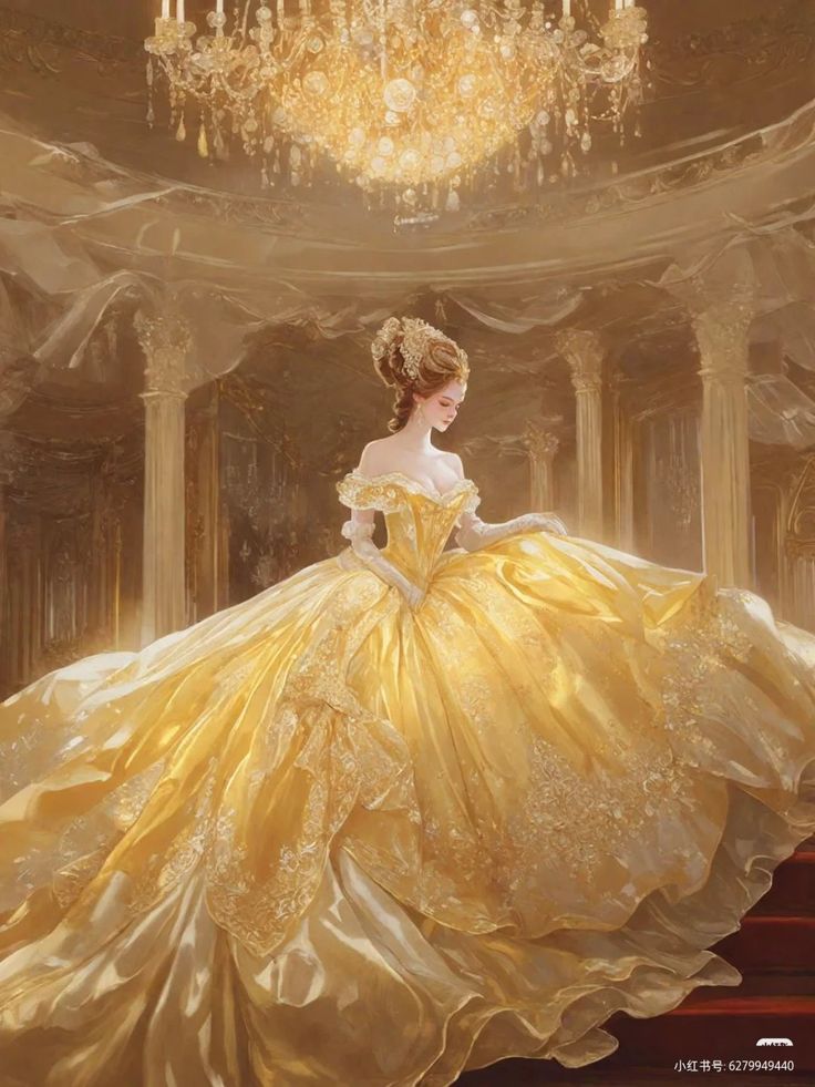 a painting of a woman in a yellow dress with chandelier hanging from the ceiling