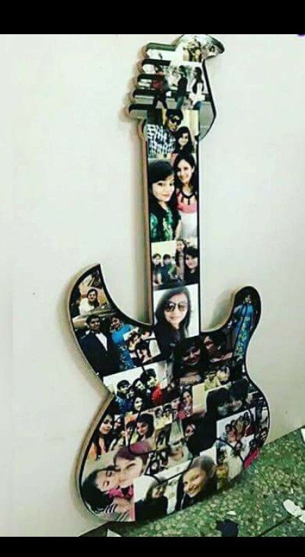 a guitar shaped like a collage with pictures on the top and bottom of it