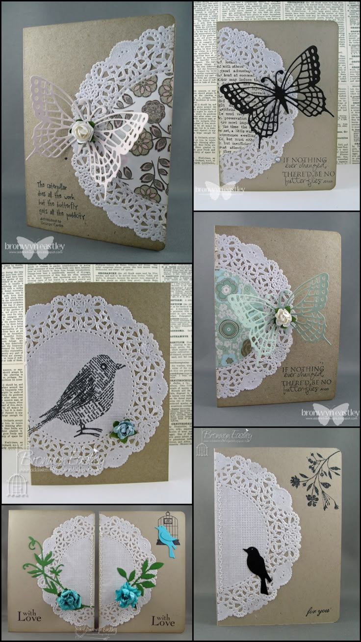 several pictures of different types of cards with butterflies and flowers on them, all made up of paper